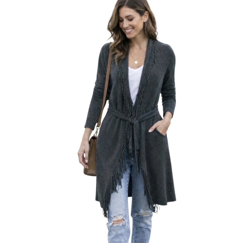 Cyrus Long Fringe Cardigan Sweater Open Front Tie Waist S